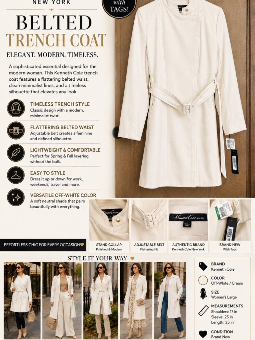 NEW Kenneth Cole Off-White Belted Trench Coat Women’s Elegant Chic Jacket NWT